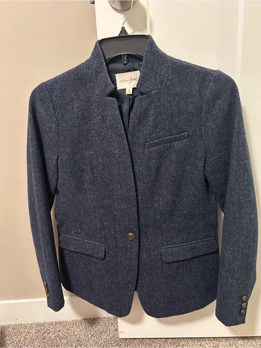 Maison Jules Navy Blue Tailored Blazer with Stand Collar